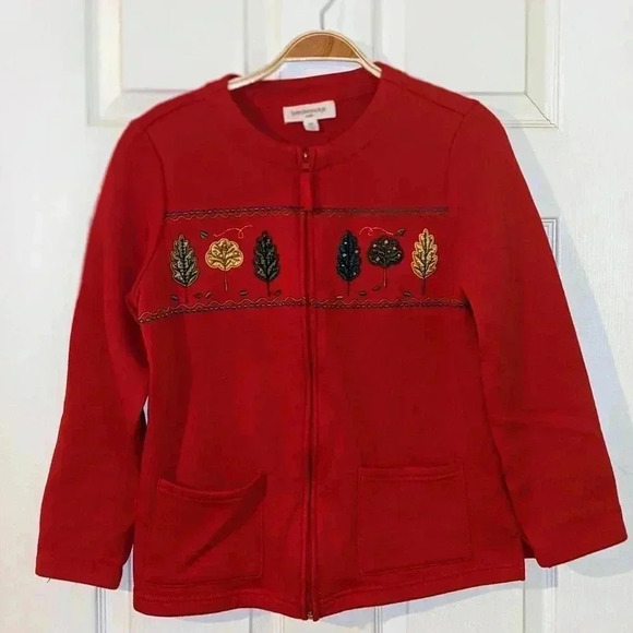 Breckenridge Red Fall Leaves‎ Full Zip Petite Jacket Sweatshirt Size MP - Picture 1 of 8